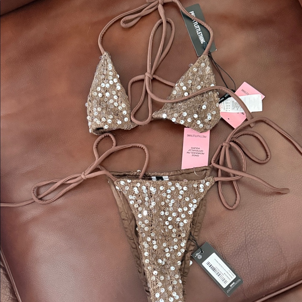 PrettyLittleThing Brown Sequin Bikini